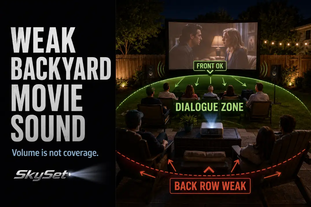 Backyard movie setup showing weak outdoor sound with clear front seating and weak back row dialogue coverage.