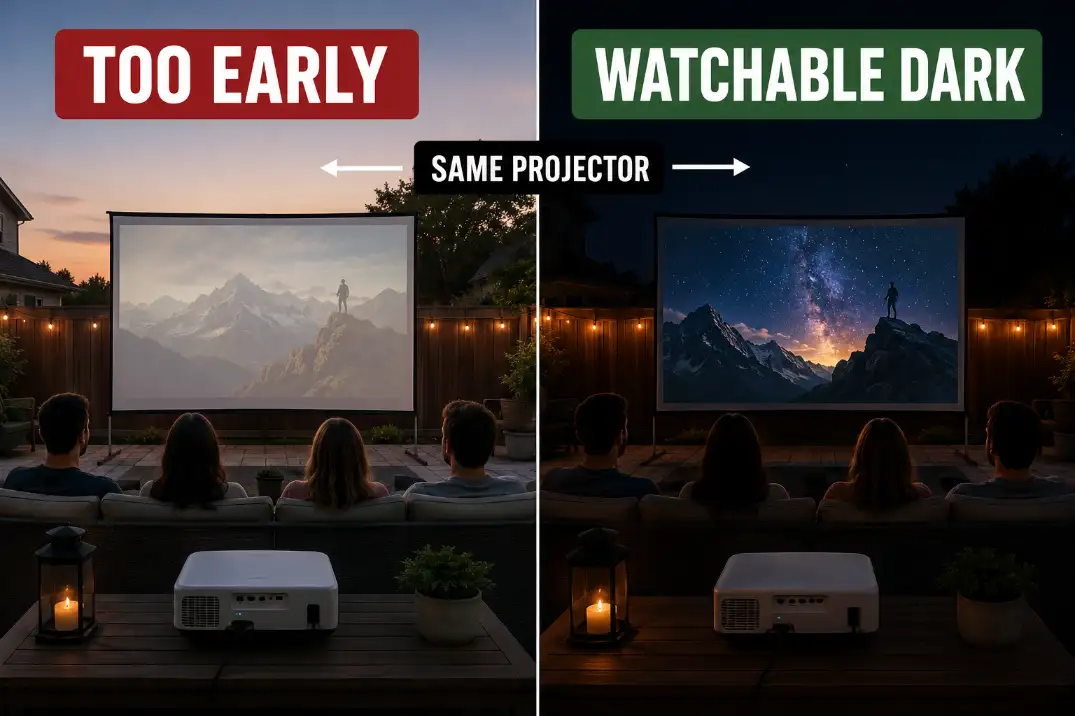Same outdoor projector and backyard movie screen compared too early after sunset and later in watchable darkness.