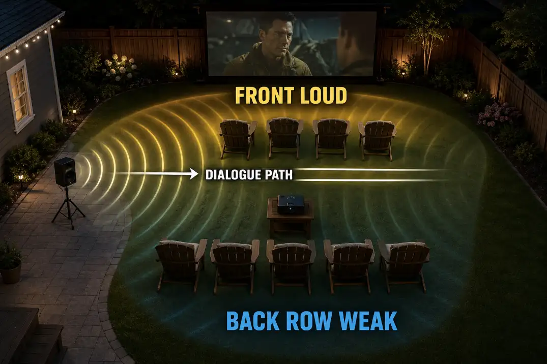 Overhead backyard movie sound diagram showing dialogue coverage fading before it reaches the back row.
