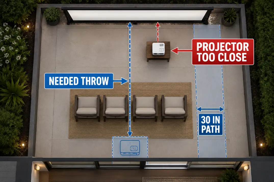 Overhead diagram showing a small patio projector placed too close because the needed throw distance overlaps the walking path.