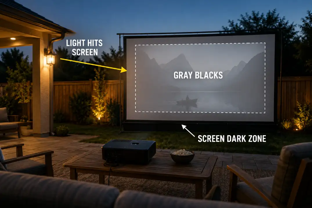 Backyard movie screen looking gray because patio light is hitting the screen face and reducing projector contrast.