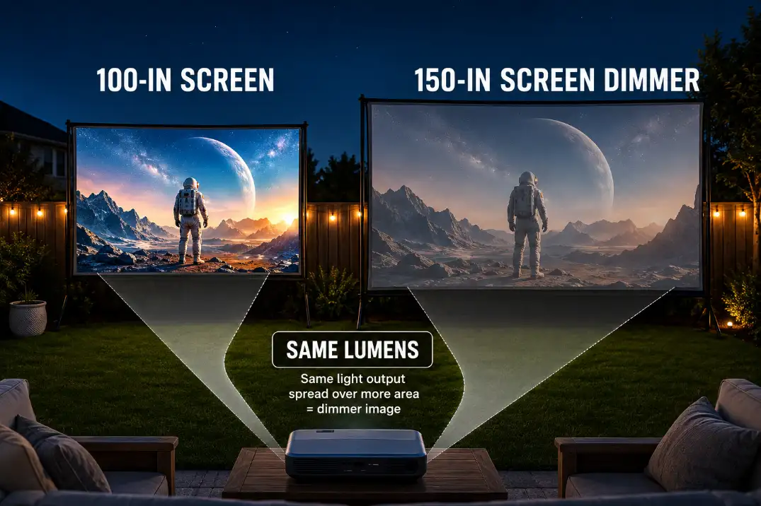 Diagram showing the same outdoor projector spreading its lumens across a 100-inch screen and a dimmer 150-inch screen.