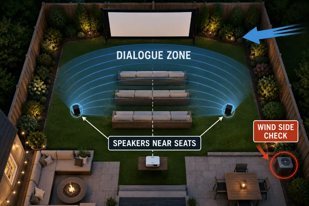 Backyard movie audio layout showing speakers placed near the seating area to create a clear dialogue zone.