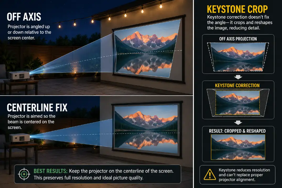 Diagram showing how keystone correction crops an off-axis projector image instead of fixing the physical projector angle.