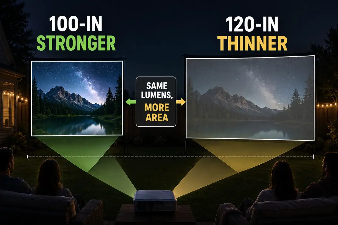Diagram showing the same outdoor projector looking dimmer on a 120-inch screen because the image is spread over more surface area than a 100-inch screen.
