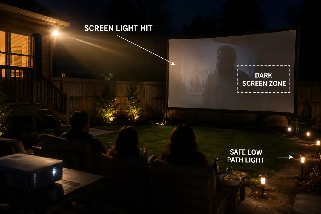 Backyard movie screen with porch light hitting the screen while low path lighting stays away from the dark screen zone.