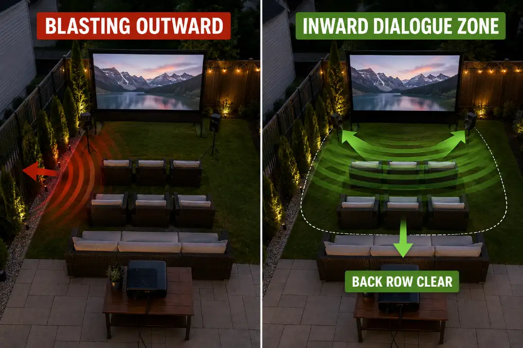 Comparison diagram showing backyard movie speakers blasting outward versus aimed inward through the seating dialogue zone.