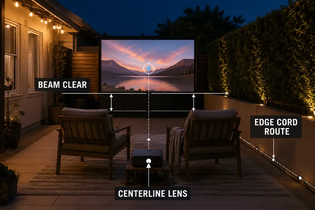 Small patio movie setup with corrected projector placement, clear beam path, and cable routed along the patio edge.