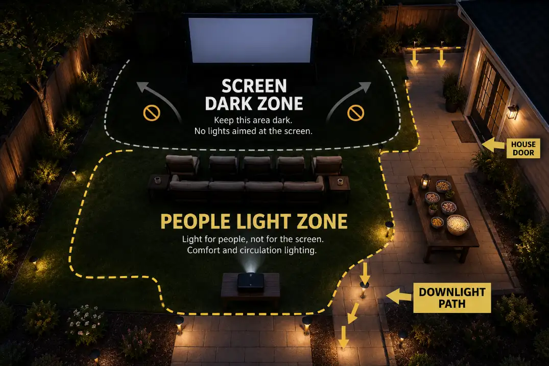 Overhead backyard movie lighting diagram showing patio and path lights kept away from the screen so the projector image does not wash out.