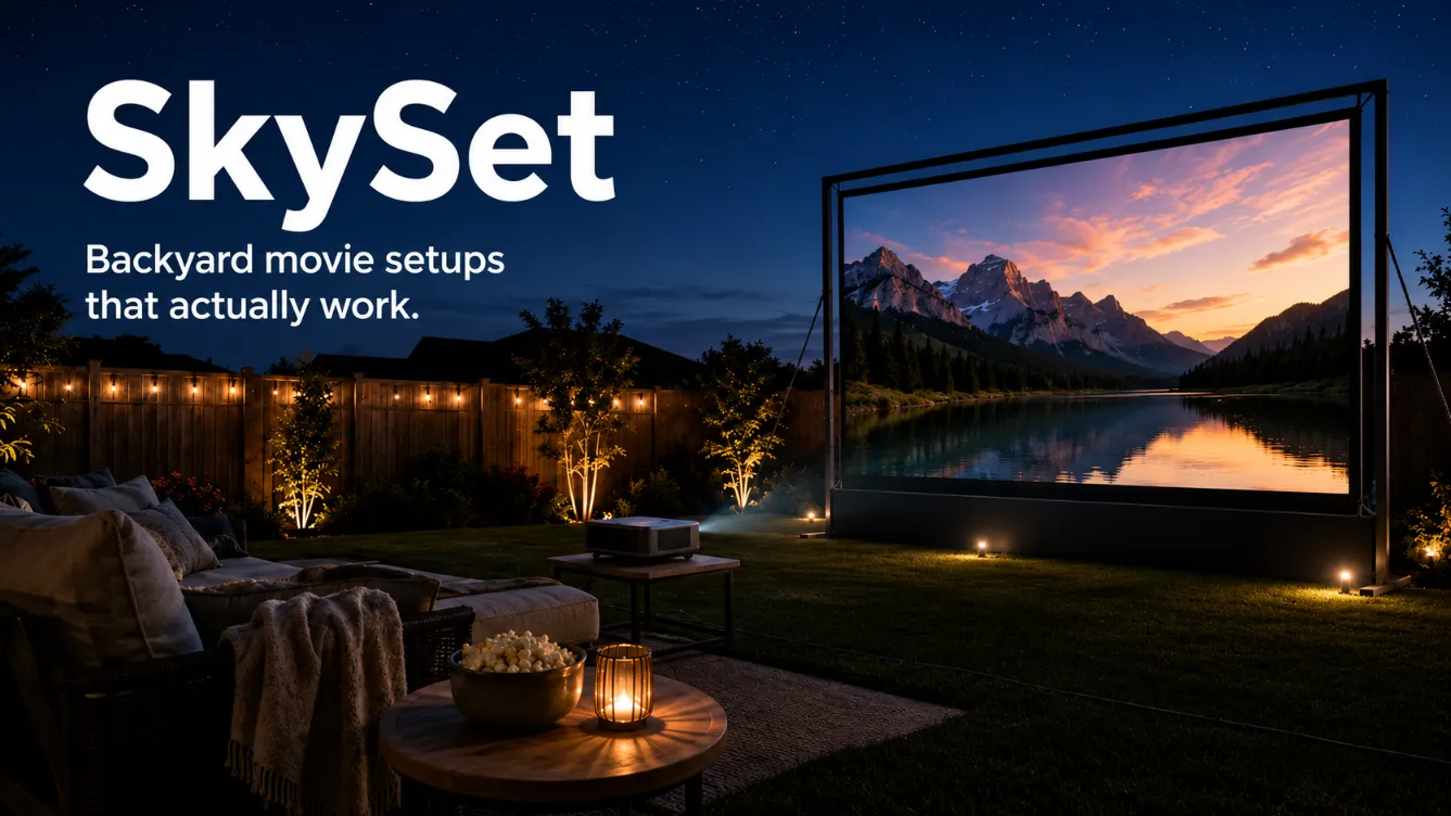 Outdoor backyard movie setup at night with a projector, large screen, lounge seating, warm garden lights, and SkySet branding.