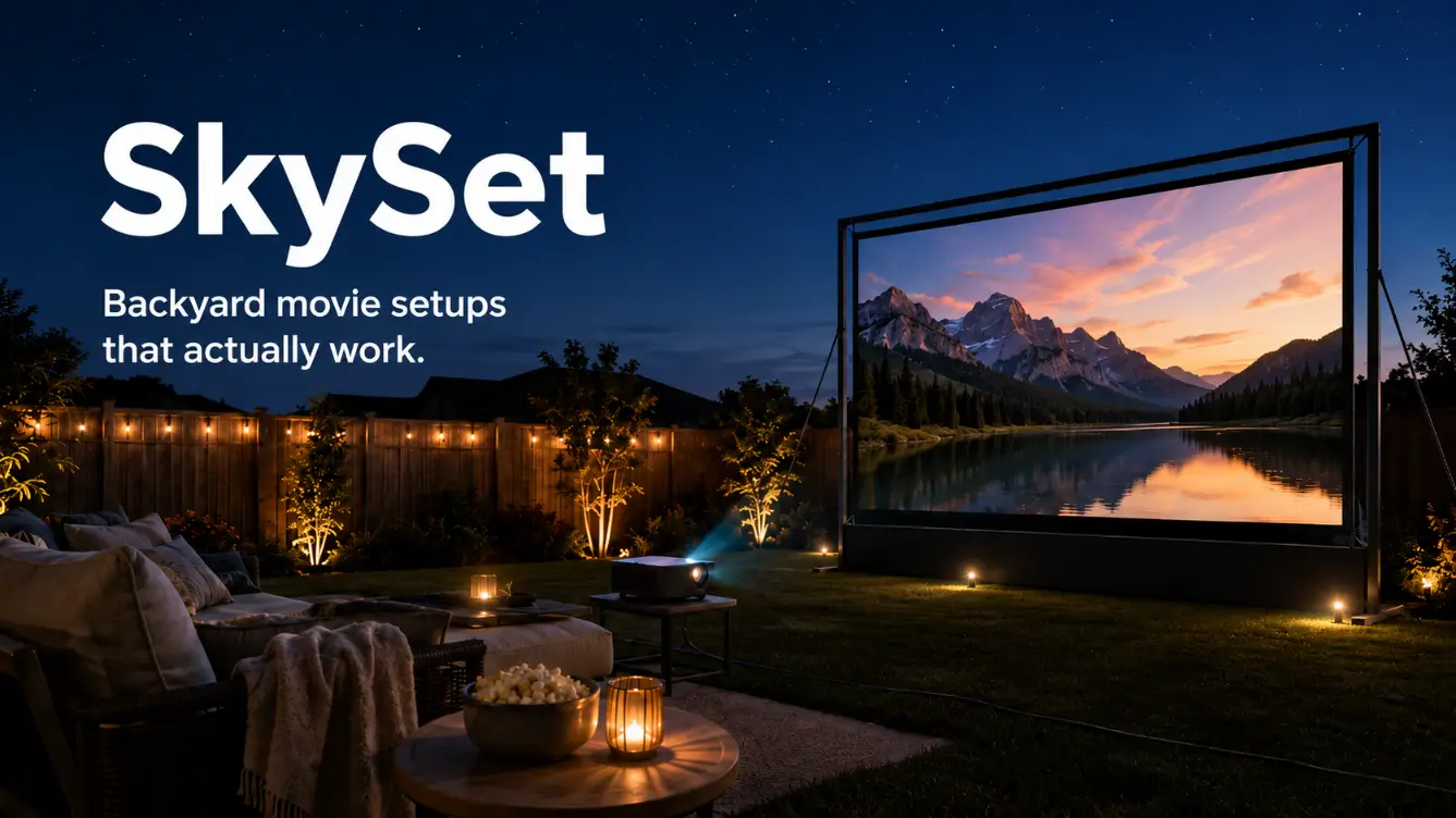 Outdoor backyard movie setup at night with a projector, large screen, lounge seating, warm garden lights, and SkySet branding.