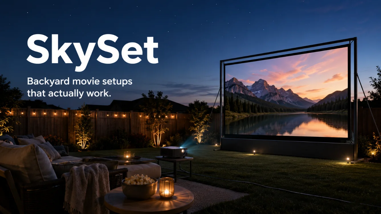Outdoor backyard movie setup at night with a projector, large screen, lounge seating, warm garden lights, and SkySet branding.
