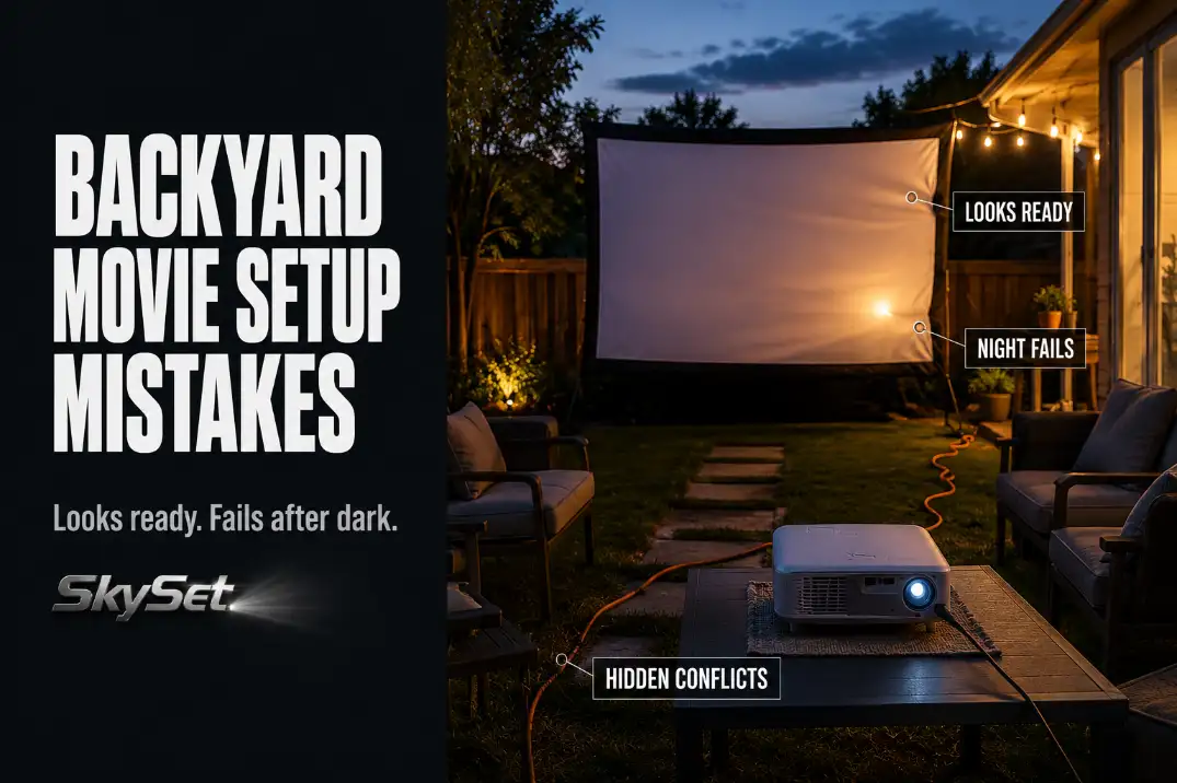 Backyard movie setup at dusk that looks ready but shows light on the screen, a cord crossing the walking path, and a slightly unstable screen.