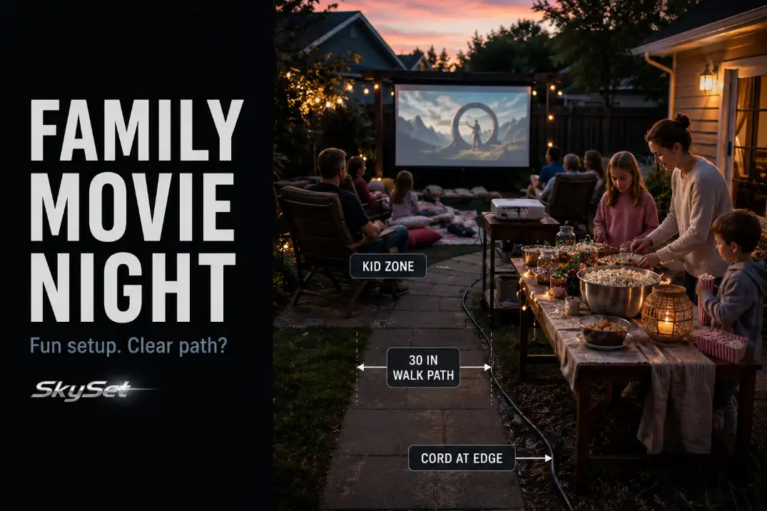Family backyard movie night setup with kid seating, snack table, projector cord, and a 30 inch clear walking path marked.