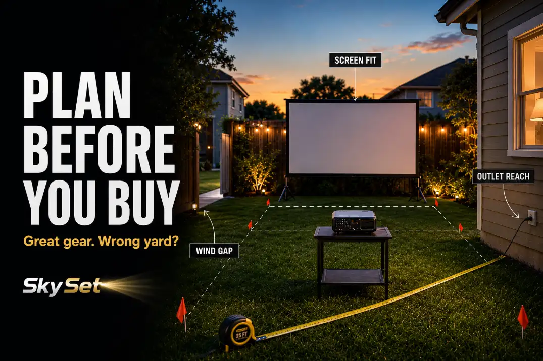 Backyard theater planning scene showing screen fit, outlet reach, and wind gap checked before buying gear.