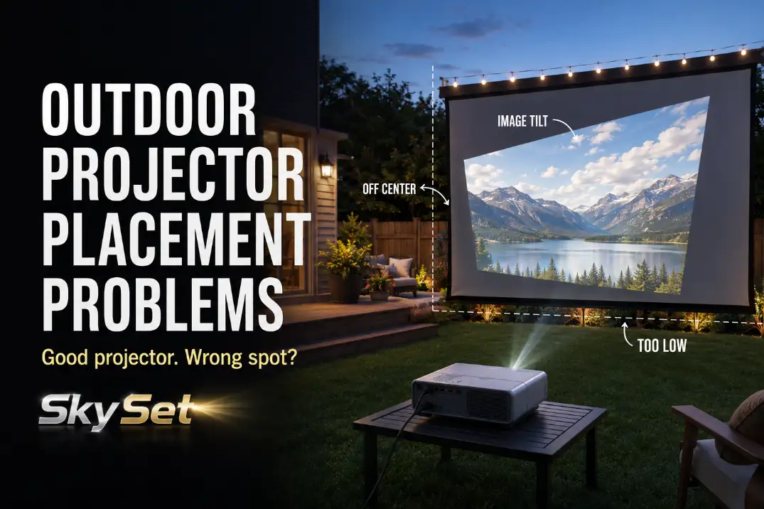 Outdoor projector placed too low and off center causing a tilted trapezoid image on a backyard movie screen.
