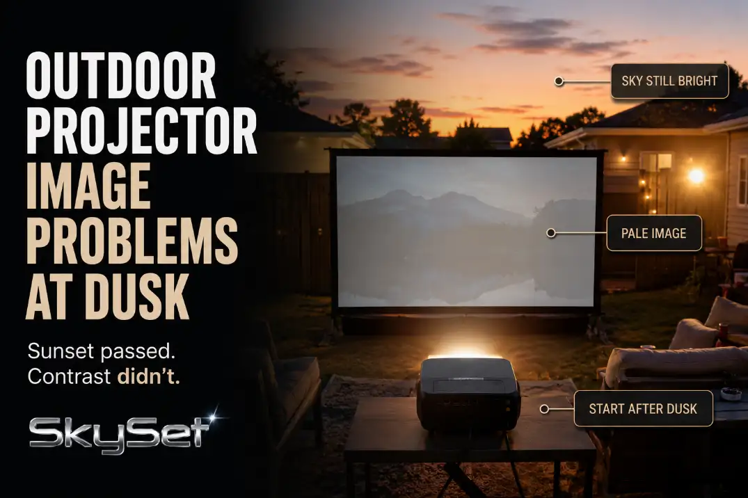Outdoor projector screen at dusk with a pale image caused by bright twilight sky overpowering the picture.