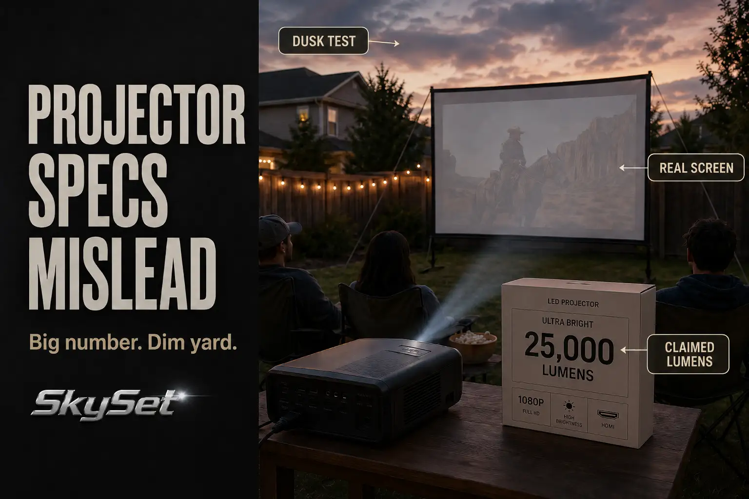 Backyard projector setup showing a high claimed lumen number while the real outdoor screen image looks dim at dusk.