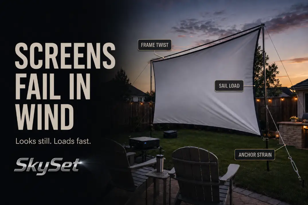 Outdoor movie screen bowing in wind with slight frame twist and strained anchor lines in a backyard setup.
