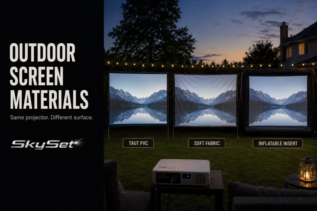 Outdoor movie screen materials compared in a backyard setup showing taut PVC, soft fabric, and an inflatable screen insert.