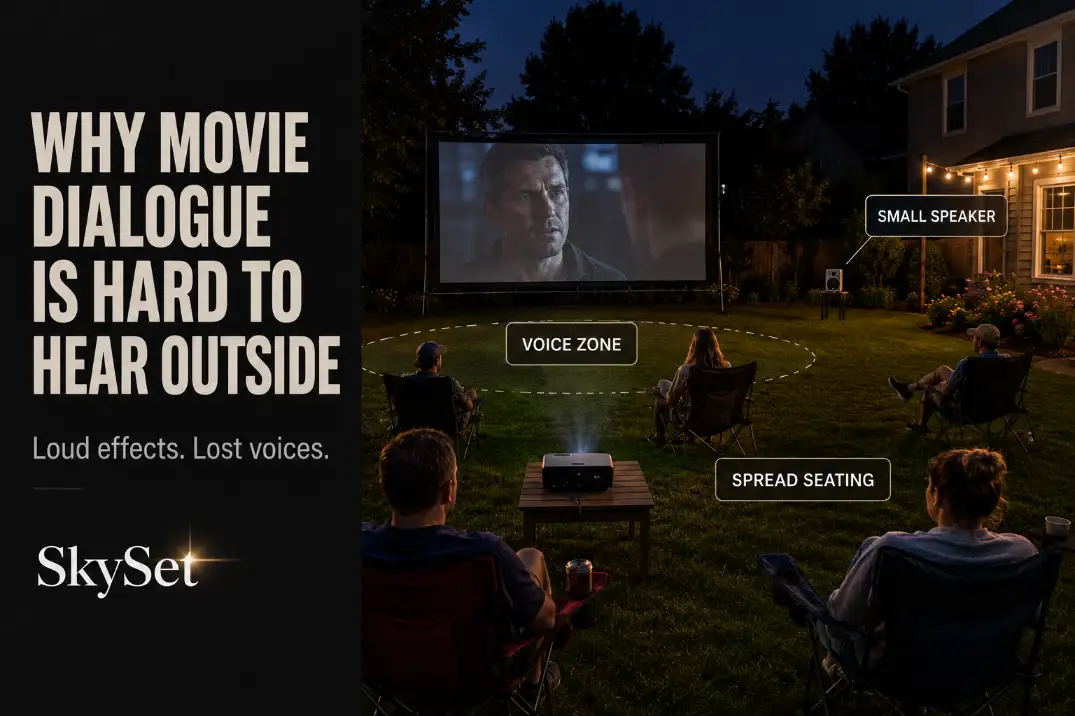 Backyard movie setup with spread seating and a small speaker showing why movie dialogue is hard to hear outside.