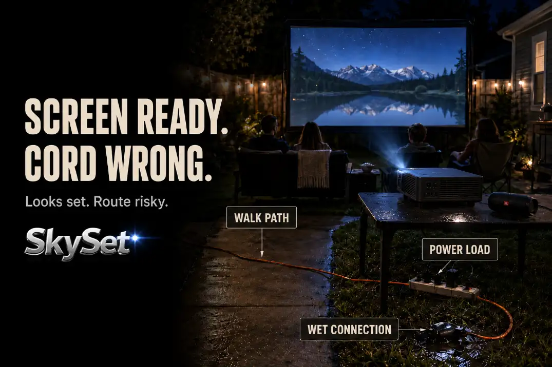 Outdoor movie night extension cord crossing a walking path with a wet plug connection near a backyard projector setup.