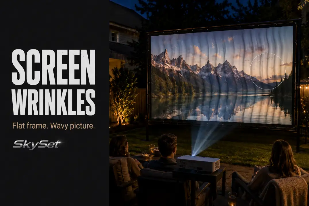 Outdoor projector screen at night with visible wrinkles distorting the projected movie image.
