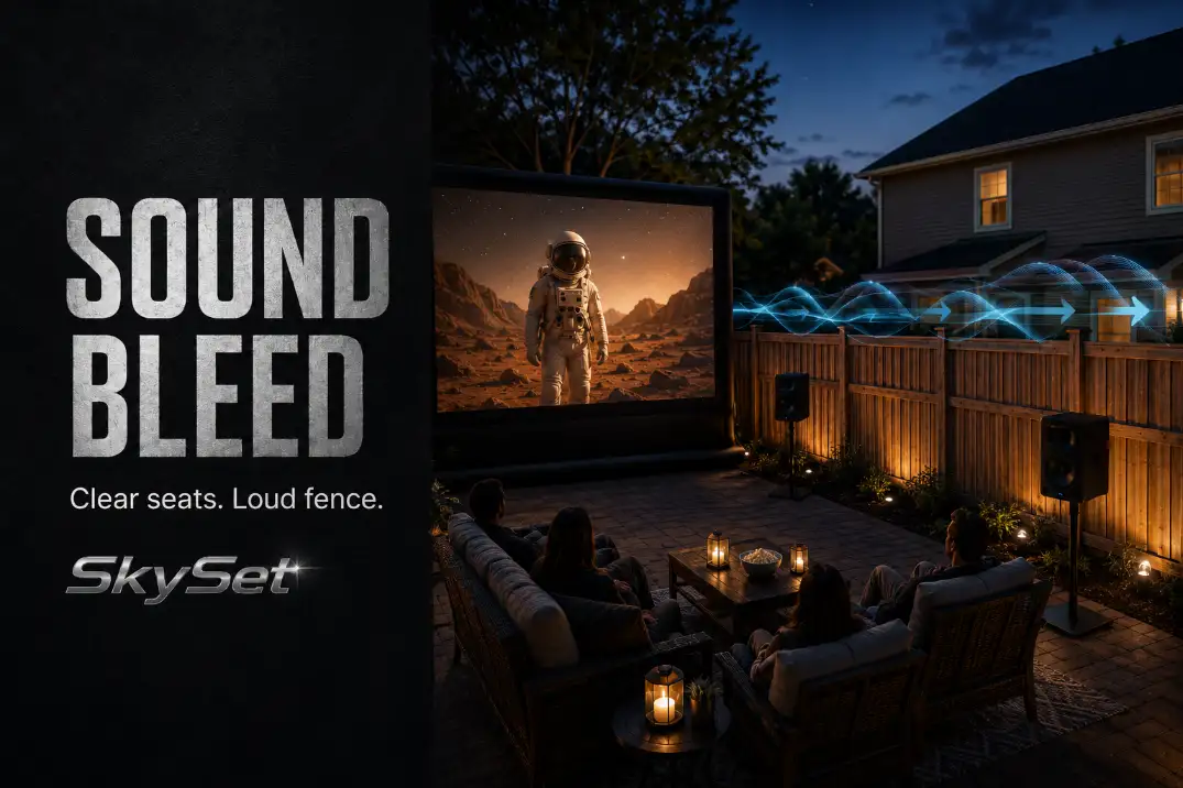 Backyard movie speakers aimed past the seating area with sound bleed crossing a neighbor fence.