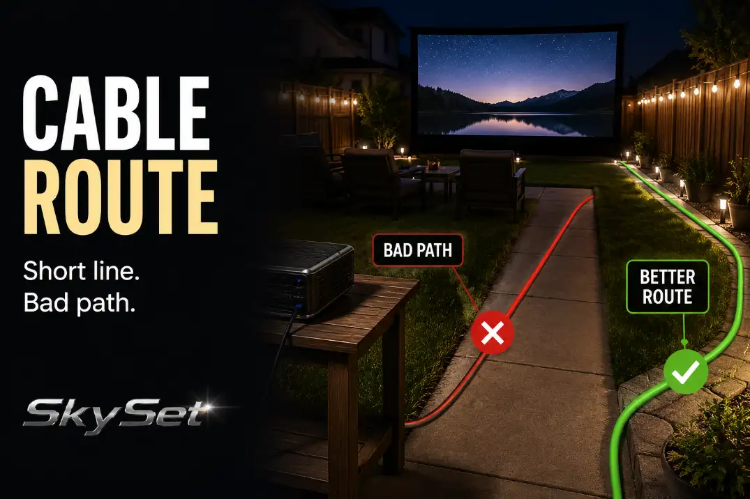 Outdoor backyard movie setup showing a bad AV cable route across the walking path and a safer route along the patio edge.