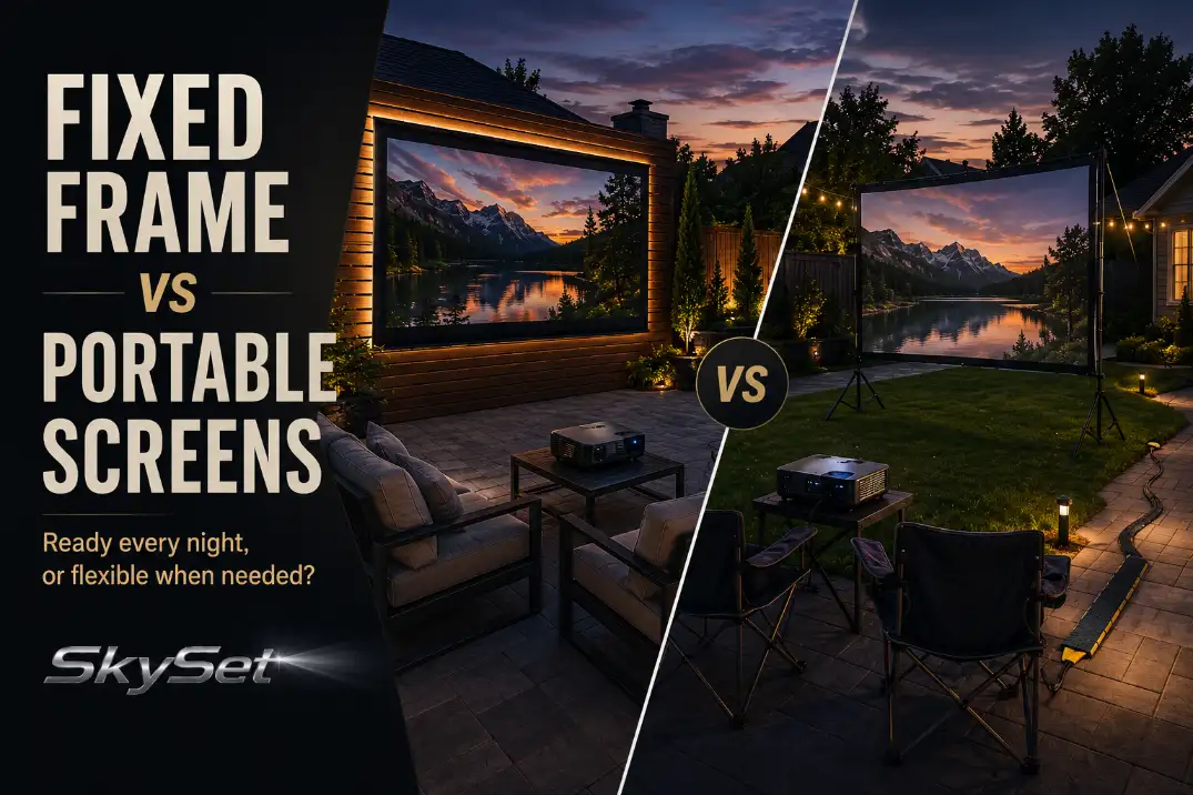 Fixed-frame and portable outdoor movie screens compared in a realistic backyard setup.