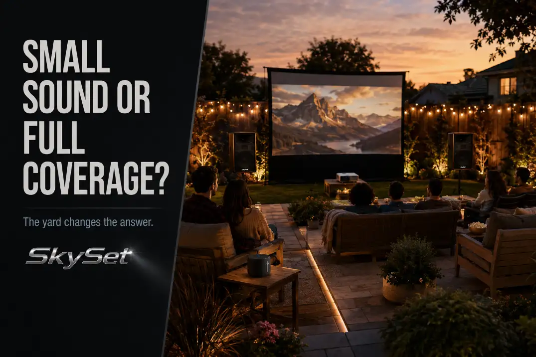 Backyard movie setup comparing a Bluetooth speaker near close seating with outdoor speakers covering a wider viewing area.