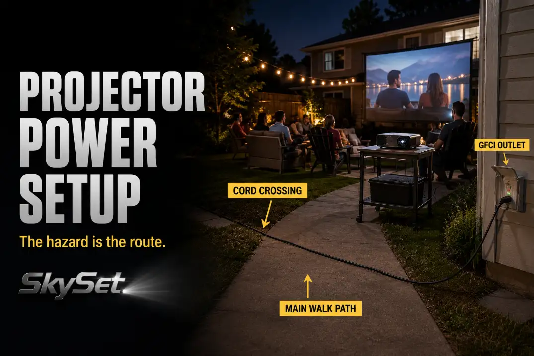 Backyard projector power setup with an extension cord crossing the main walking path near a GFCI outlet during an outdoor movie night.