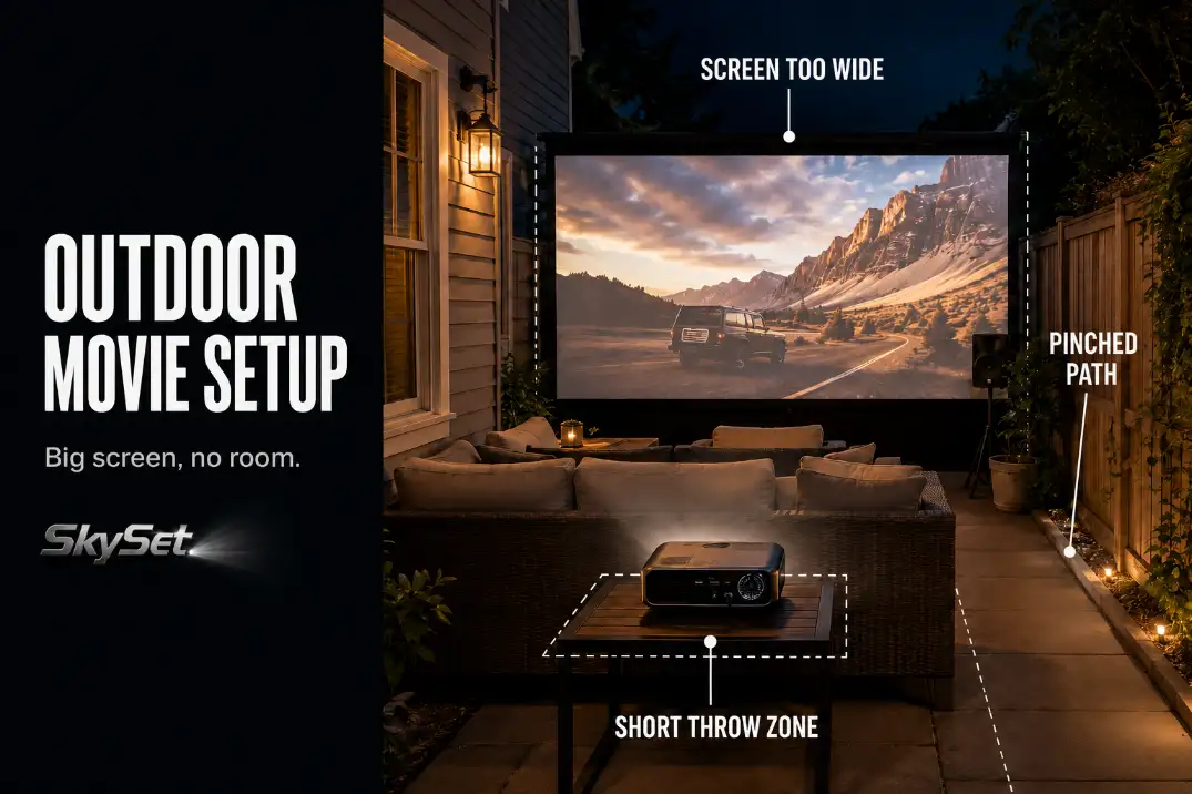 Small patio outdoor movie setup showing an oversized screen squeezing the seating area, short throw projector zone, and walking path.