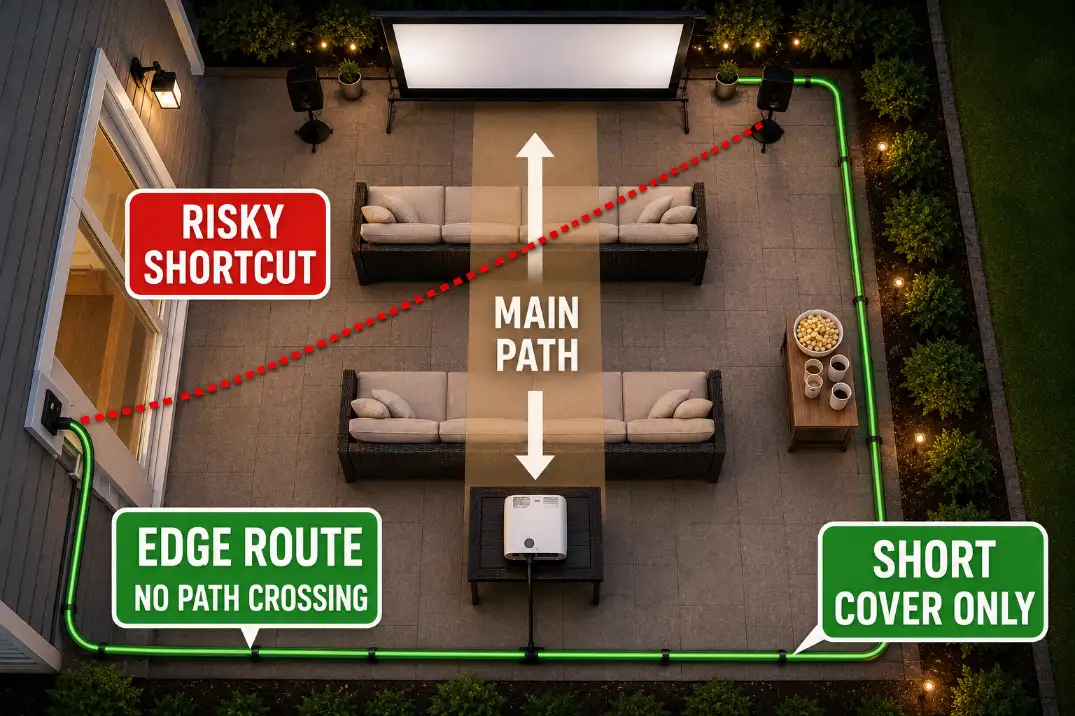 Overhead diagram of a small patio movie setup showing a safer perimeter cable route instead of a diagonal cord crossing the main walking path.