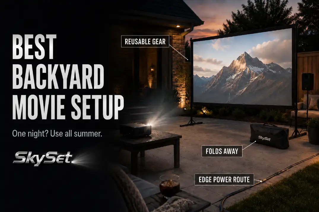 Reusable backyard movie setup with portable projector, freestanding screen, speaker, storage bag, and edge-routed power cord on a patio.