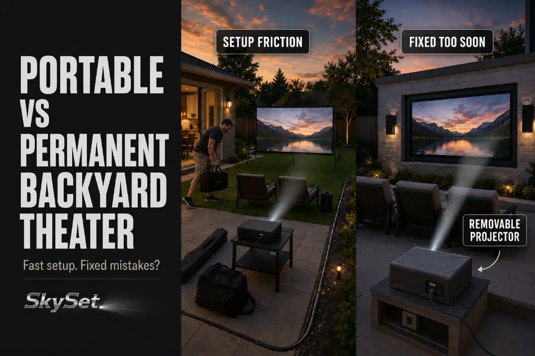 Portable vs permanent backyard theater comparison showing repeated setup gear on one side and a fixed outdoor theater layout with removable projector on the other.