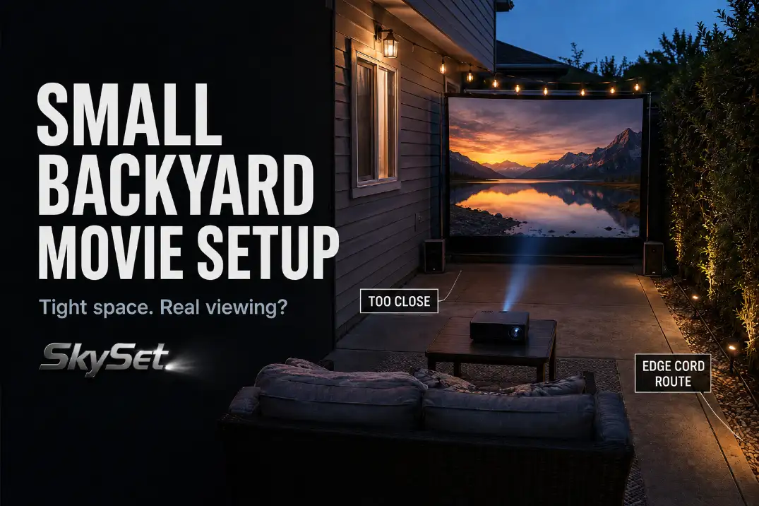 Small backyard movie night setup with close seating, compact screen, projector beam path, speakers, and edge cord route showing tight-space layout conflicts.