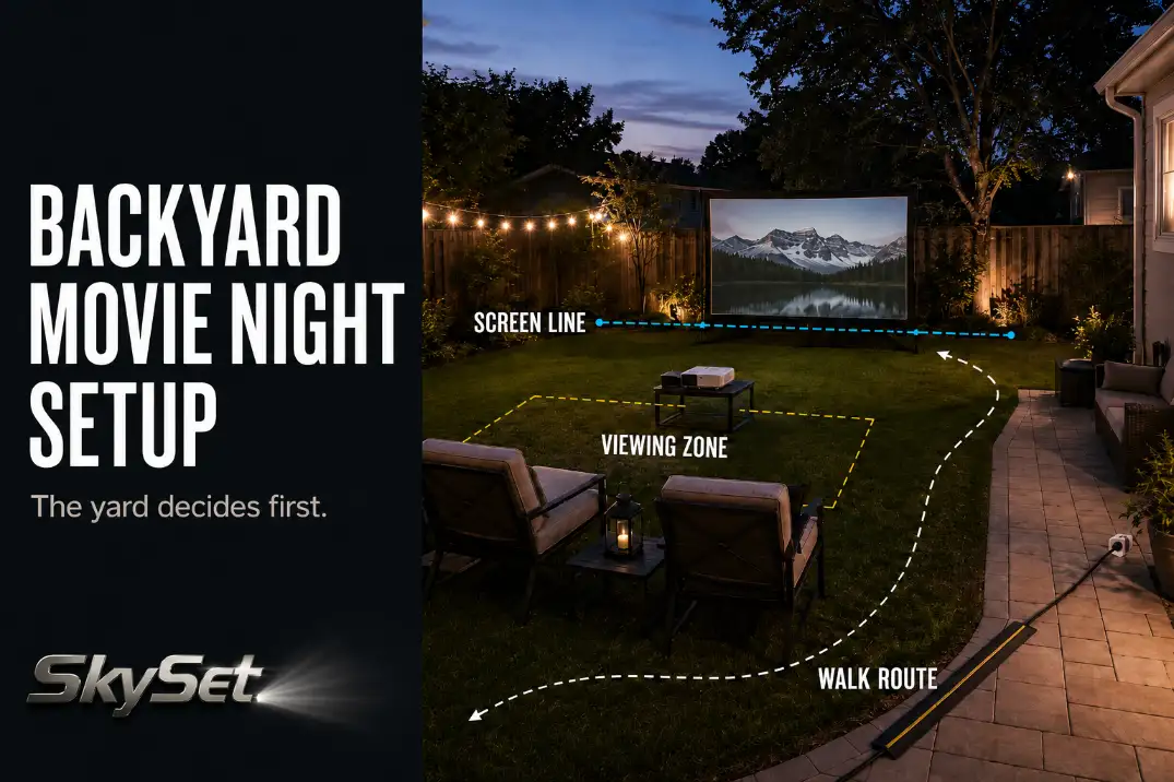 Backyard movie night setup showing screen line, viewing zone, and walking route in a suburban yard at dusk.