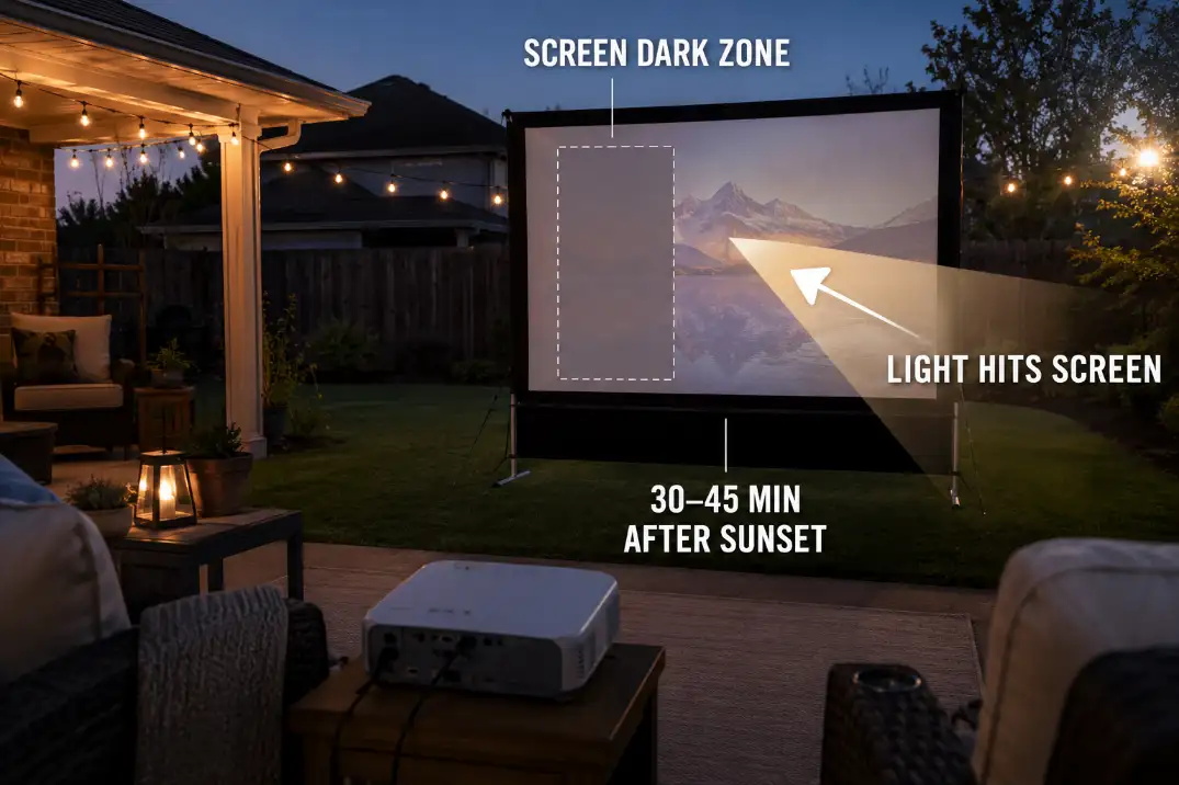 Backyard movie screen at dusk showing light spill on the screen and the darker zone needed for a clearer image after sunset.
