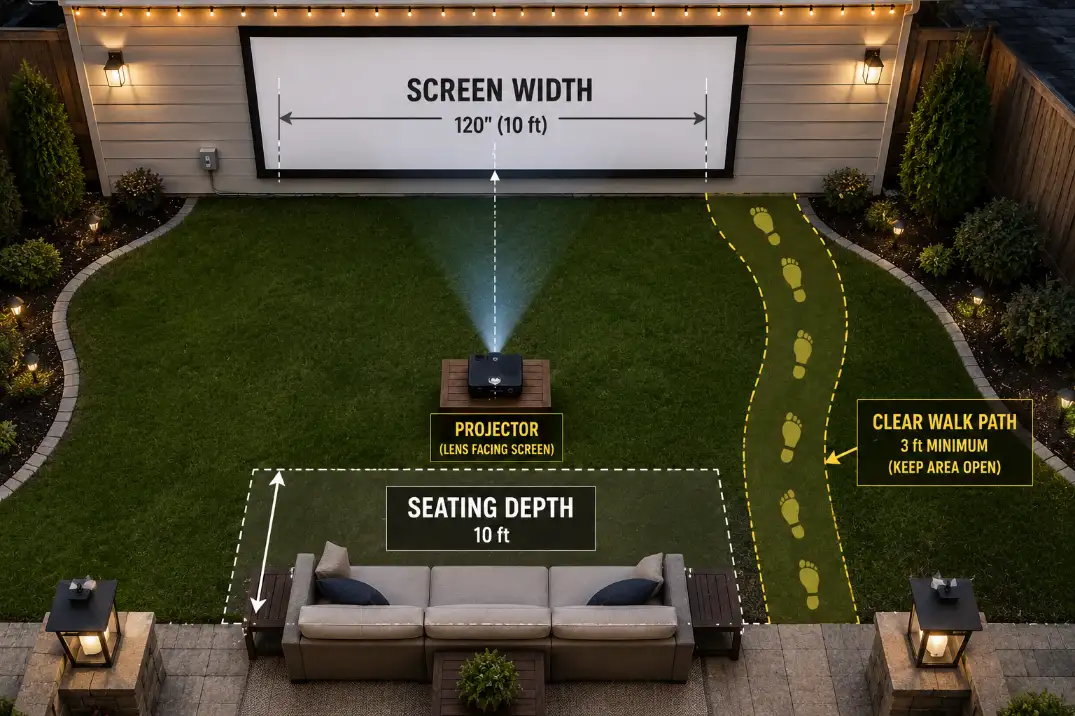 Overhead backyard theater planning diagram showing screen width, seating depth, and clear walking path before buying gear.