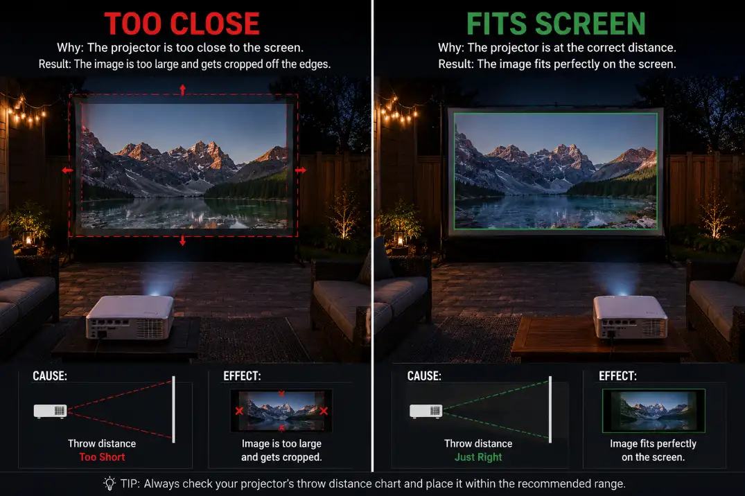 Backyard projector comparison showing a projector too close cropping the image versus correct lens distance filling the screen.