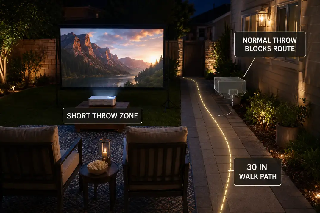 Backyard patio showing a ghosted normal projector position blocking the route while a short throw projector keeps a 30 inch walking path open.
