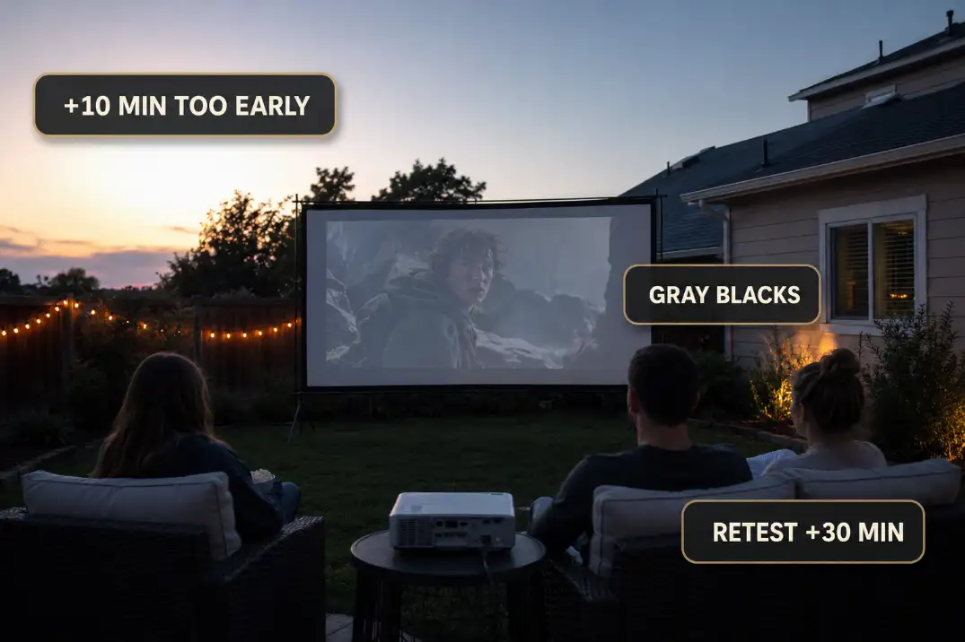 Backyard projector screen at dusk with gray blacks and a retest time label showing twilight washout.