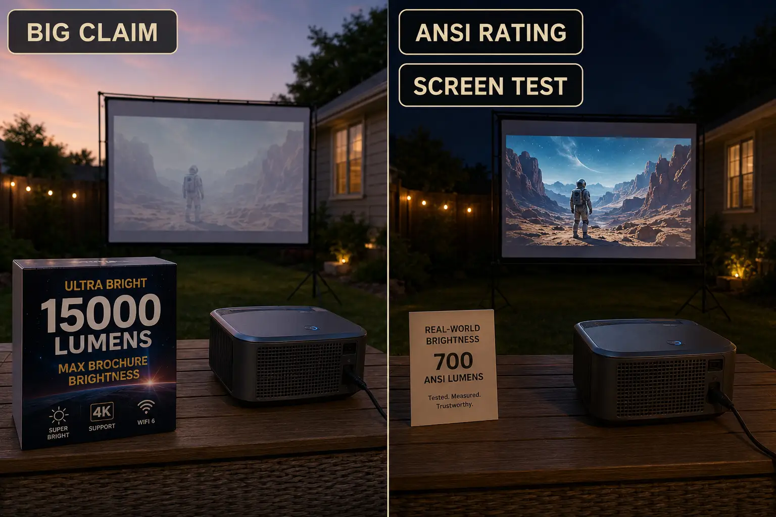 Comparison of a vague high lumen projector claim versus an ANSI-rated backyard screen test at dusk.