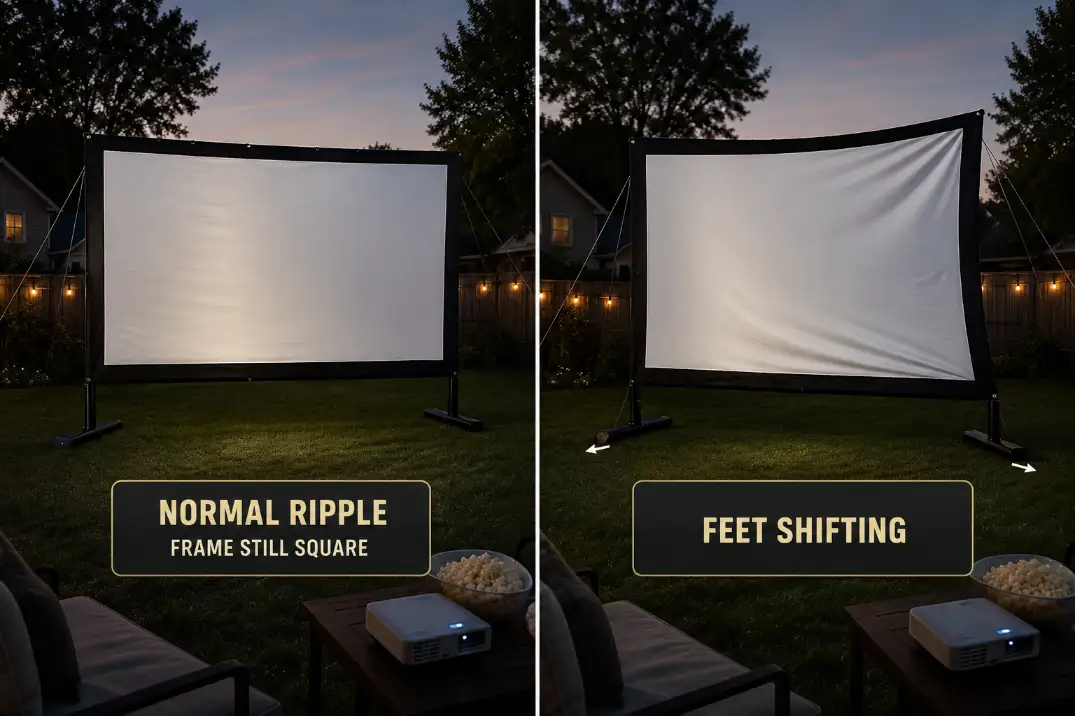 Comparison of normal outdoor screen fabric ripple versus early wind failure with shifting frame feet.