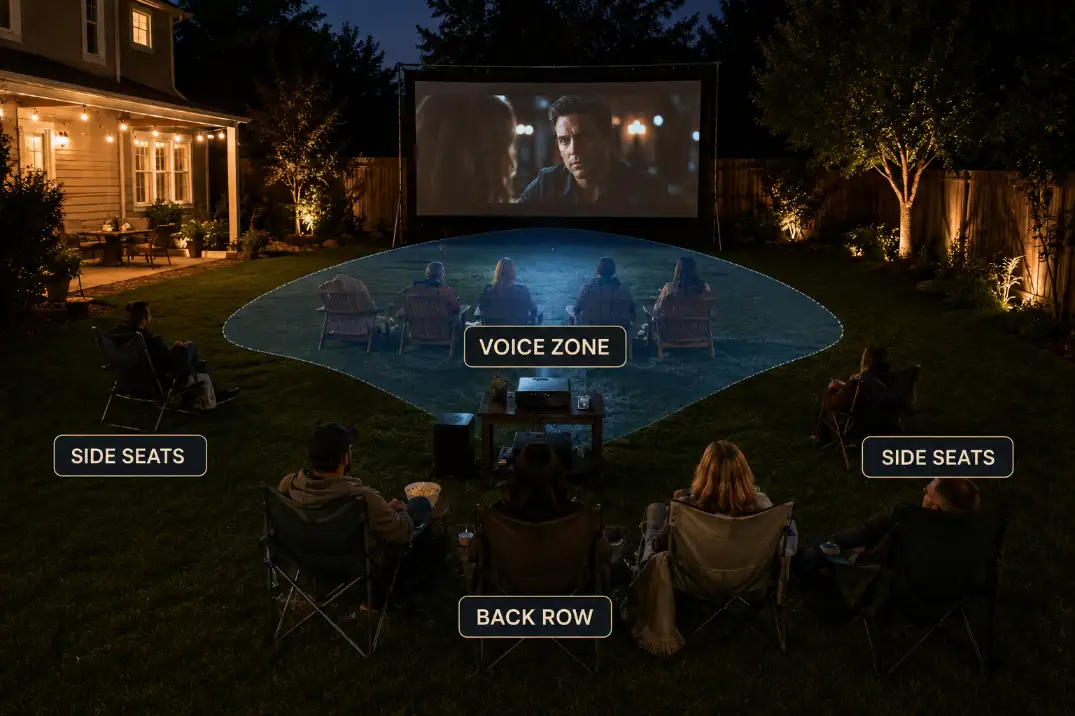 Outdoor movie seating with a small speaker and voice zone overlay showing weak dialogue coverage at back and side seats.