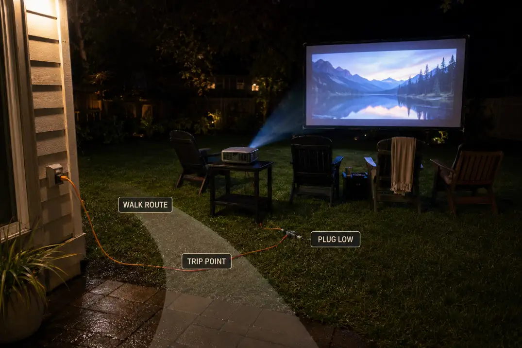 Backyard movie projector cord crossing a walking route with a low plug connection near damp grass.