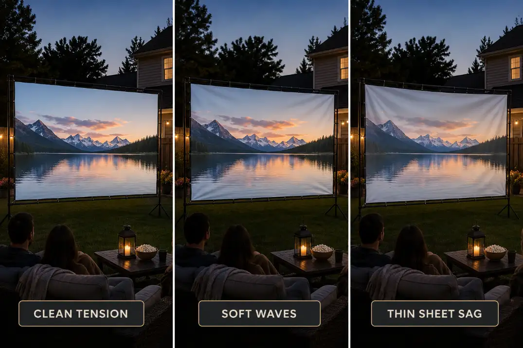 Comparison of outdoor movie screen surfaces showing taut PVC, soft fabric waves, and thin sheet sag under projection.