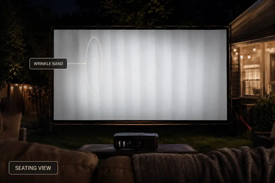 Outdoor projector screen showing wrinkle bands during a nighttime projection test from normal seating distance.