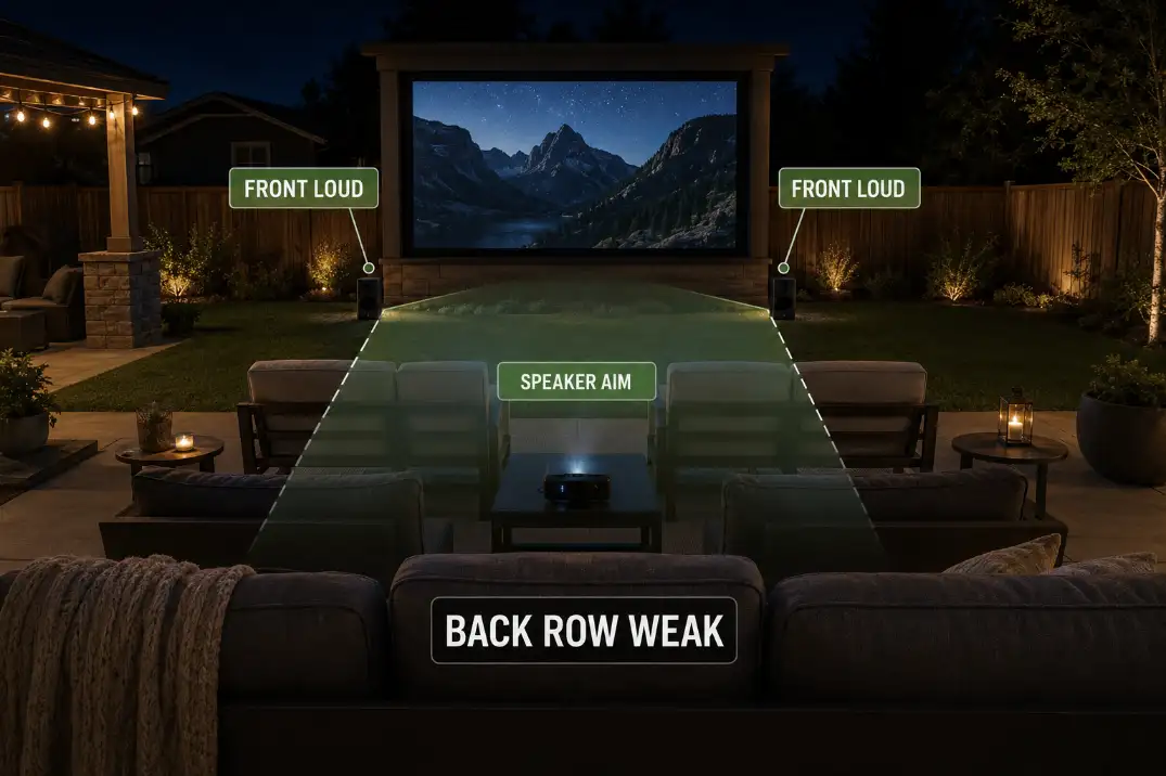 Back row of a backyard theater showing weak dialogue coverage from poorly aimed outdoor speakers.